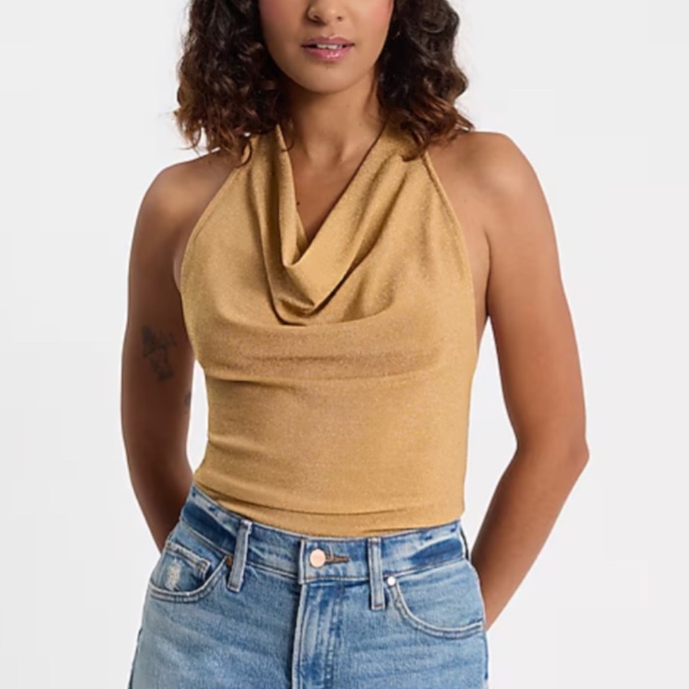 Express Skimming Metallic Cowl Neck Halter Tank